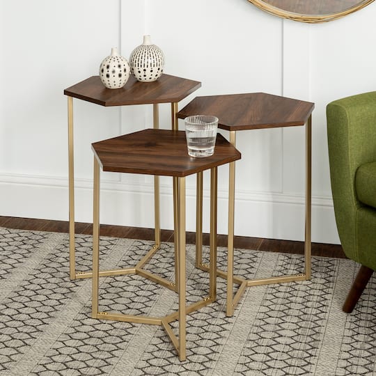 Walker Edison Dark Walnut/Gold Hexagon Modern Nesting Tables Set